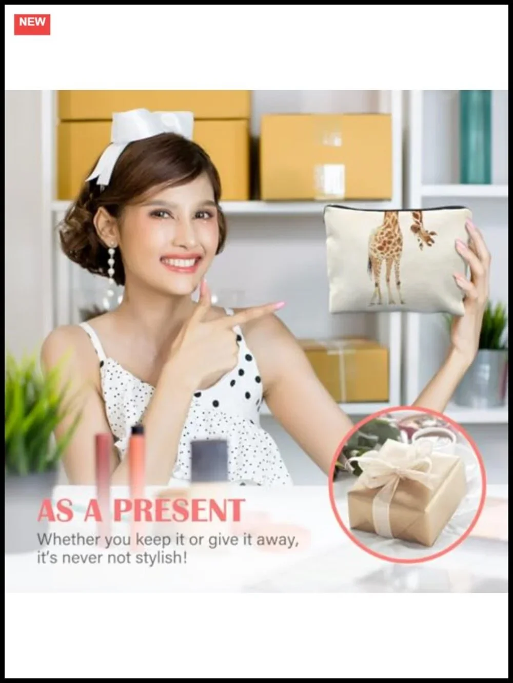 Giraffe Print Linen Canvas Makeup Bag Travel Cosmetic Pouch for Women